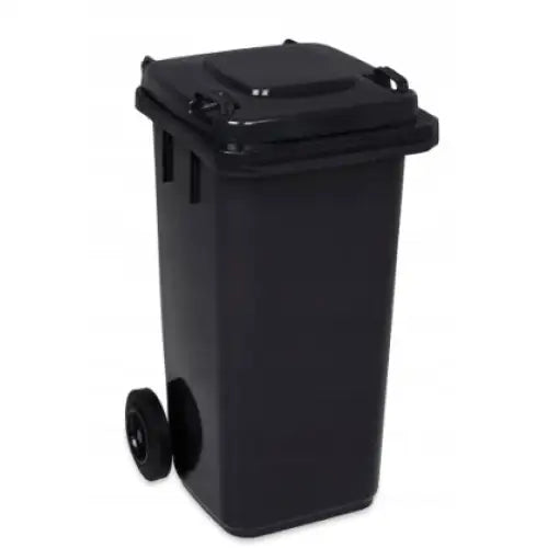 Avfallsbeholder grå 240L, sort plastdunk med hjul og lokk sett fra skrå vinkel, glatt overflate.
