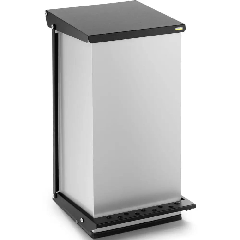 Avfallsbeholder i stål, 70 liter, skråvisning som fremhever sort lokk og bunn samt det minimalistiske designet.
