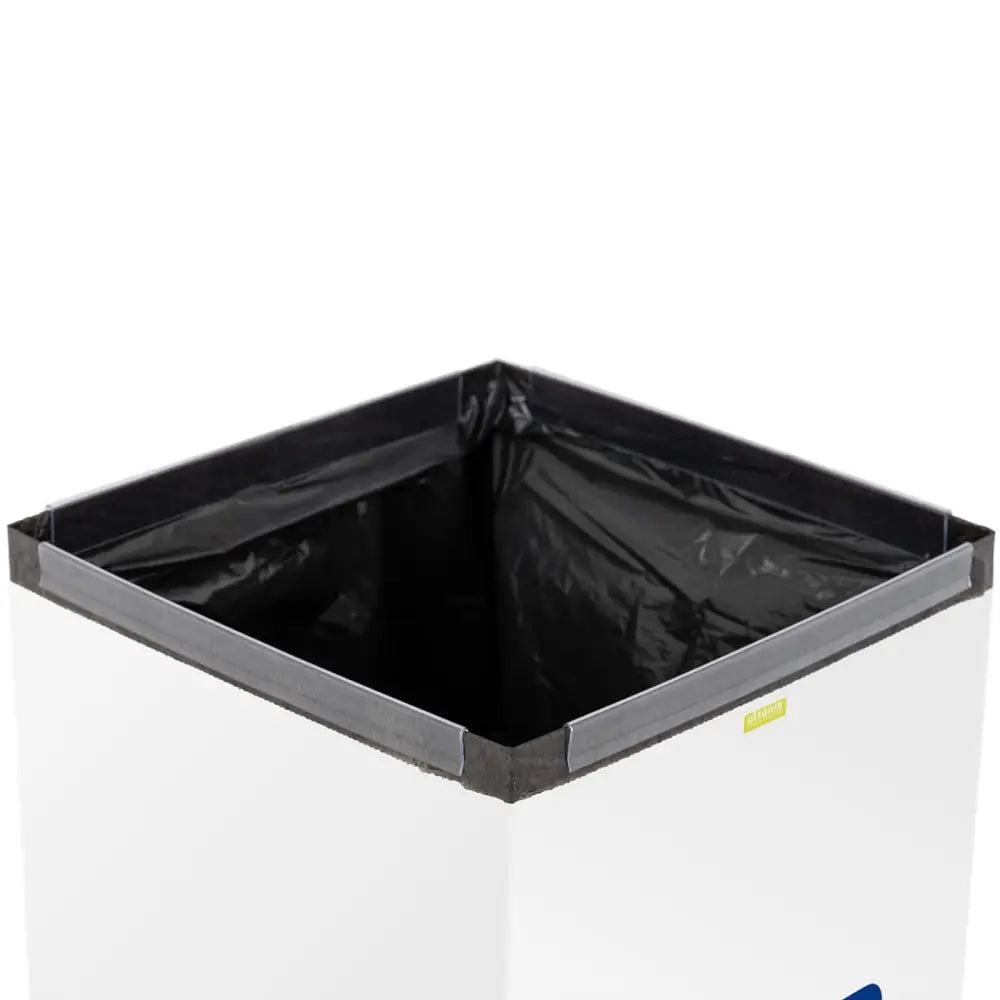 Avfallsbeholder i rustfritt stål for papirsortering, toppvisning med åpen svart pose festet langs kanten.