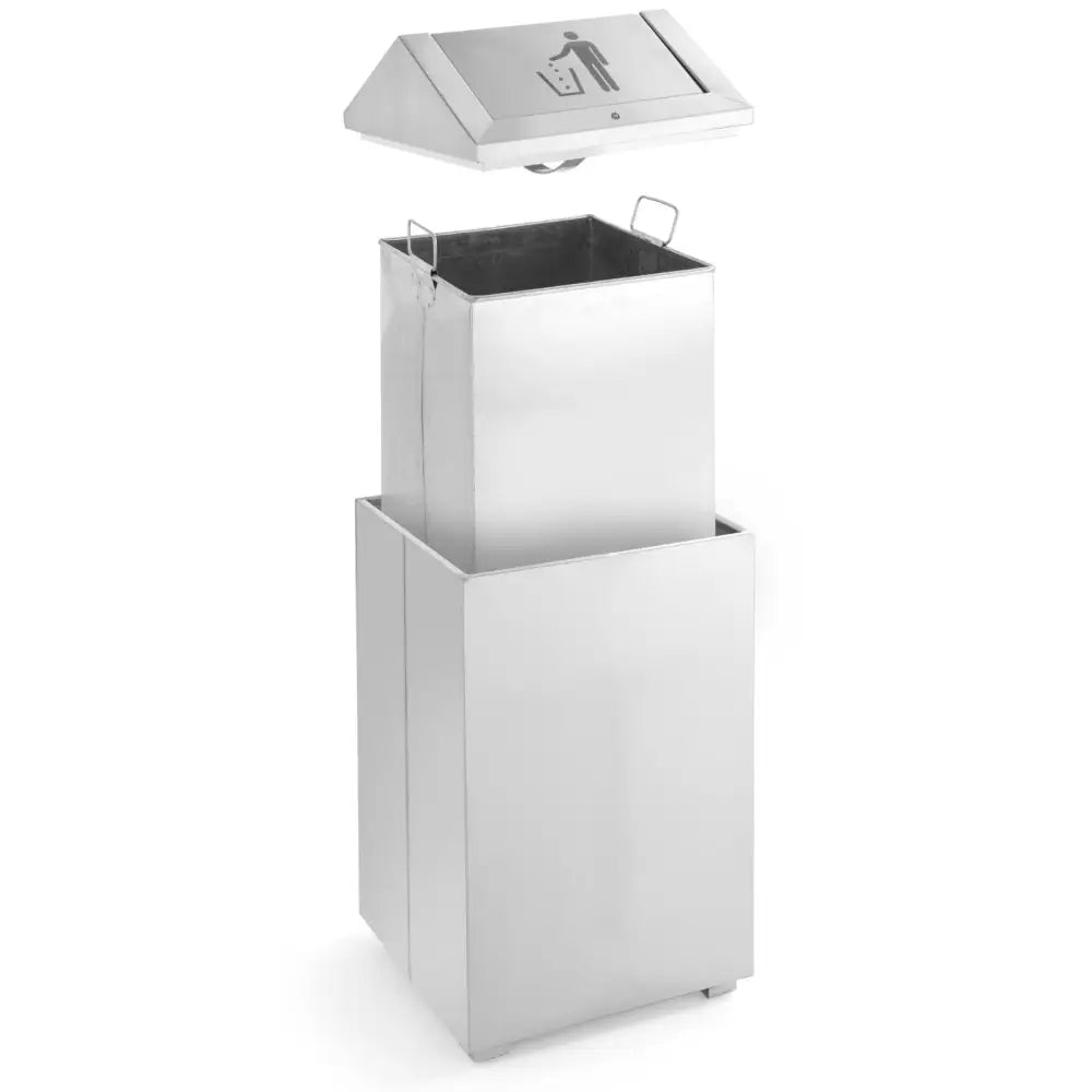 Avfallsbeholder i rustfritt stål, lokket åpent og innerbeholder med håndtak løftet ut for enkel tømming.
