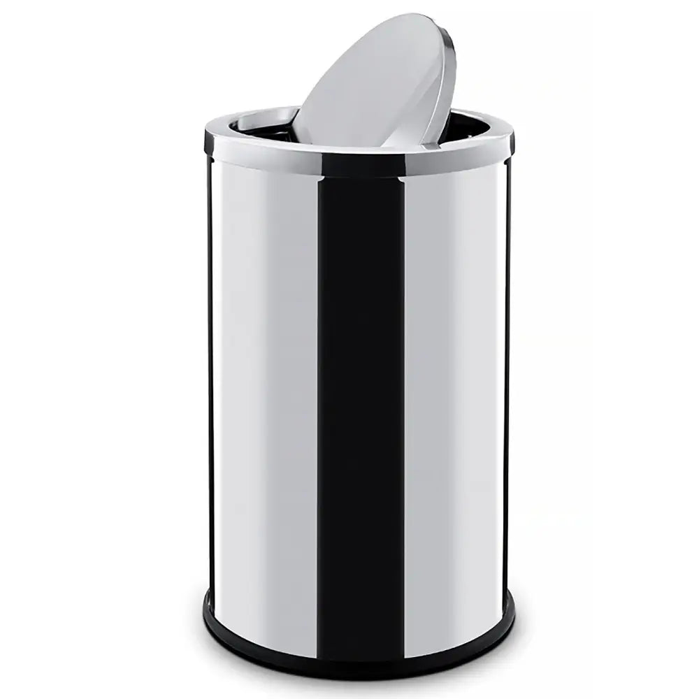 Avfallsbeholder i rustfritt stål 45L, sidevisning med delvis åpent roterende lokk og blank, moderne overflate.