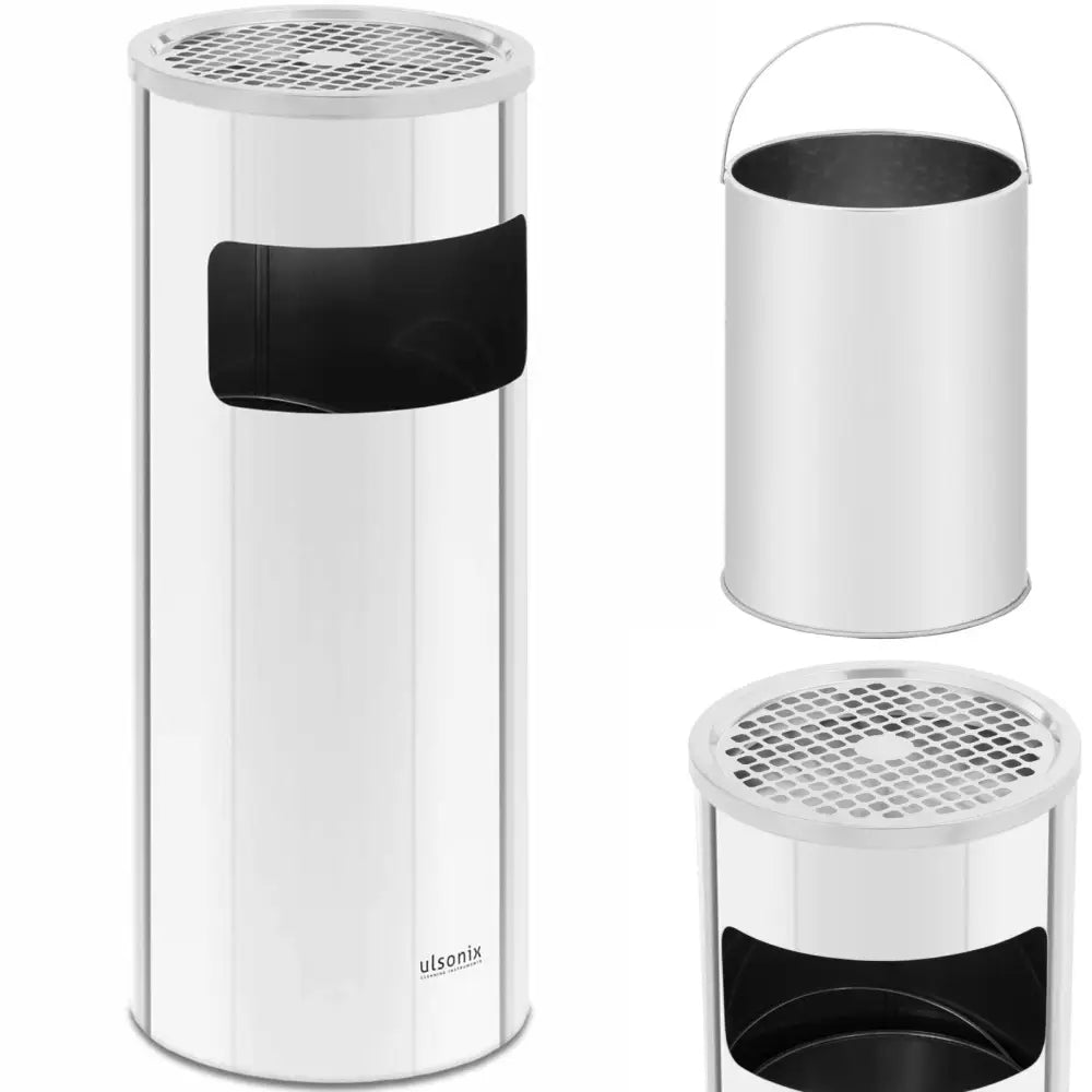 Avfallsbeholder utendørs i sølv, rund modell med sort sideåpning, askebeger på lokket og uttakbar innerbøtte.