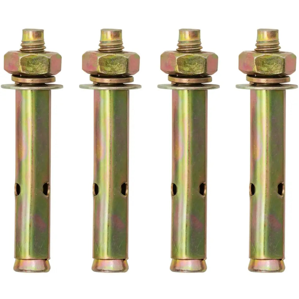 Fire gullfargede bolter med muttere og skiver til utendørs avfallsbøtte, sett rett forfra mot hvit bakgrunn.