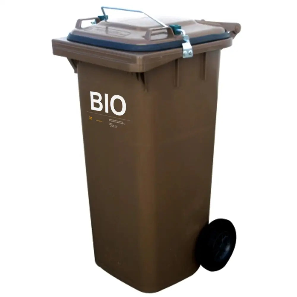 Brun avfallskasse på hjul med tett lokk, metallbøyle og tydelig BIO-merking trykket på fronten.