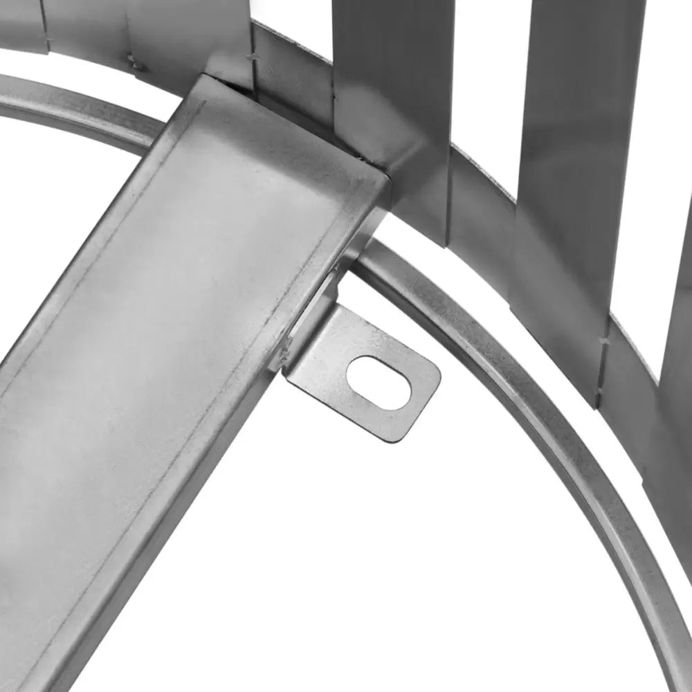 Avfallskurv i stål, nærbilde av sølvfarget hjørne med avrundede kanter og synlig festepunkt.