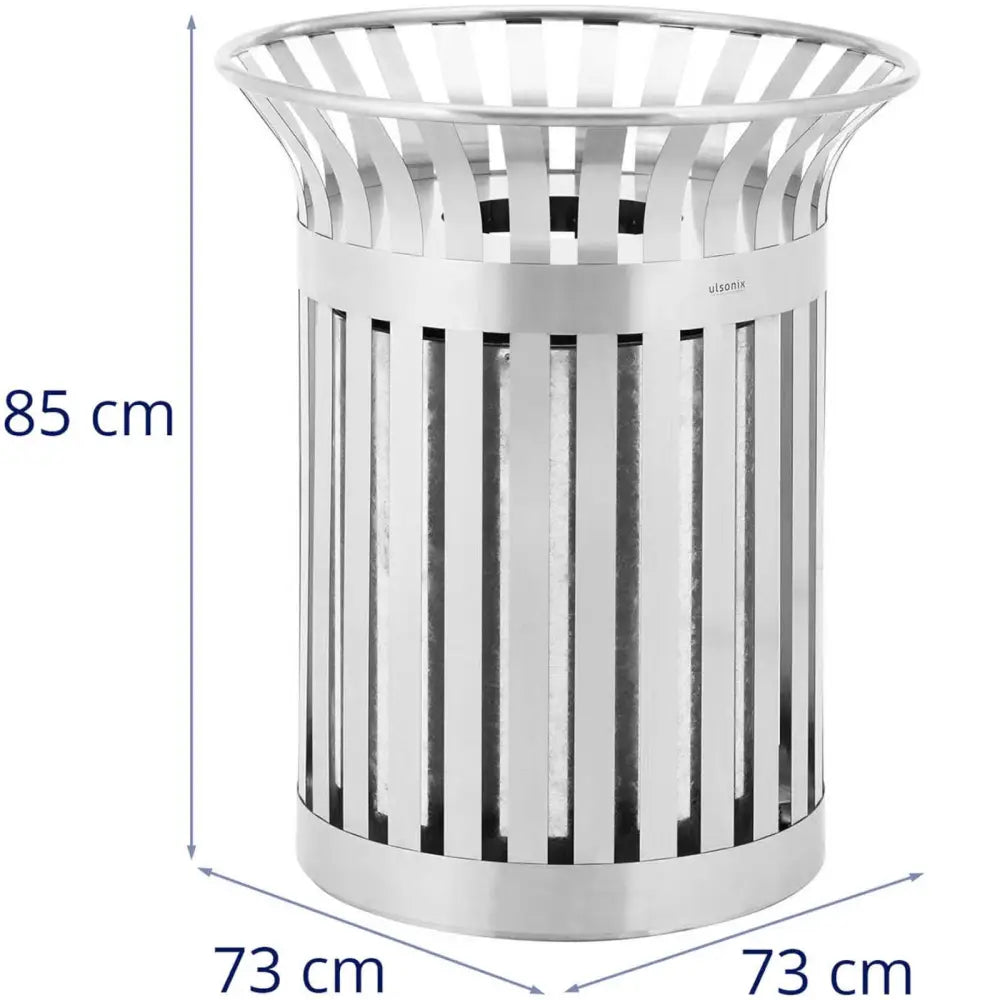 Avfallskurv i sølvfarget stål, skrå visning med tydelig markerte mål 85 cm høyde og 73 cm diameter.