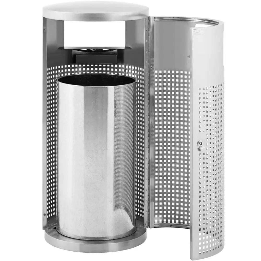 Avfallskurv i stål med askebeger, frontbilde med åpen dør som viser perforert yttervegg og innvendig sylinder.