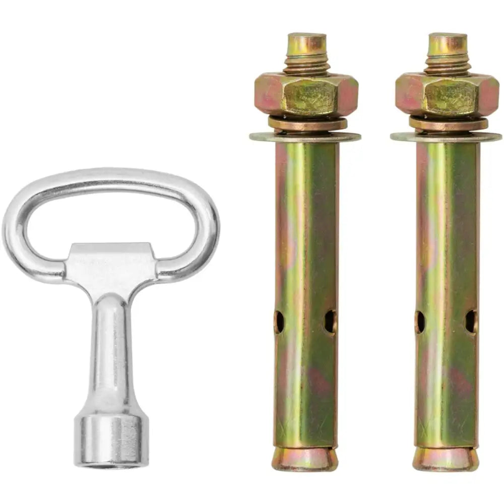 Metallbolter med skiver og muttere samt nøkkelformet detalj til avfallskurv for utendørs bruk, nærbilde.