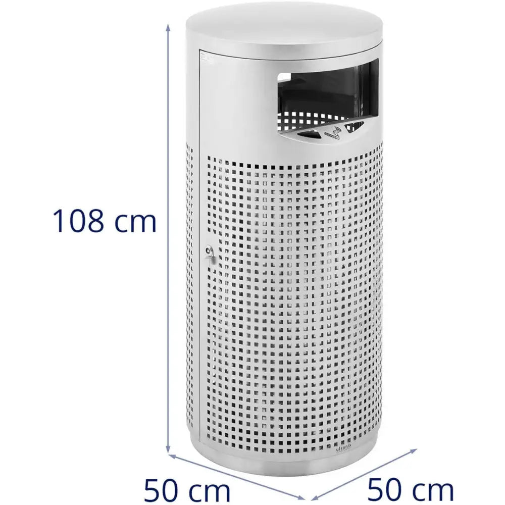 Avfallskurv i stål med askebeger, skråvisning som fremhever perforert mønster og tydelige mål på 108x50 cm.
