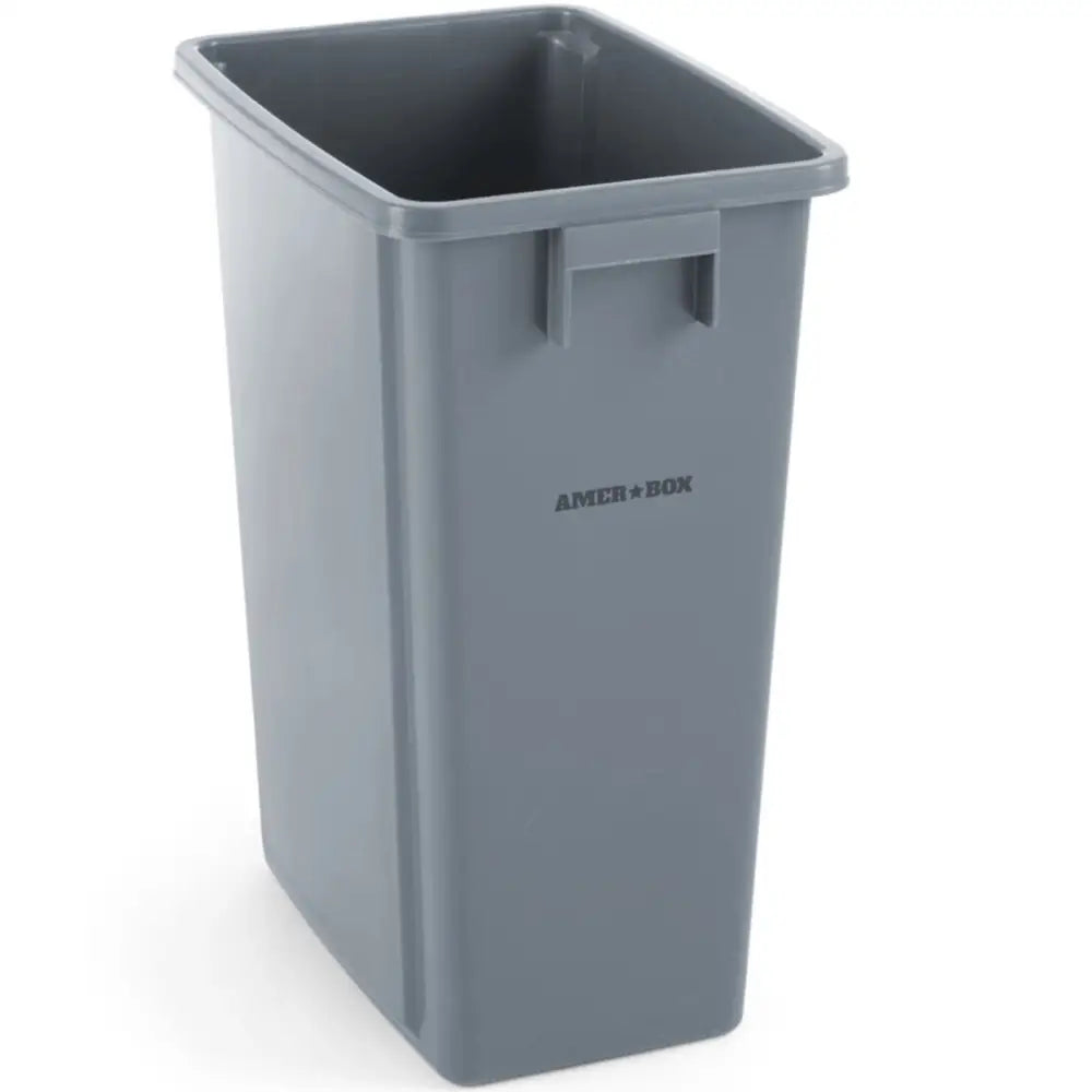 Avfallskurv rektangulær 60L, grå plast med håndtak og "AMER BOX" trykk, skrå forfra.