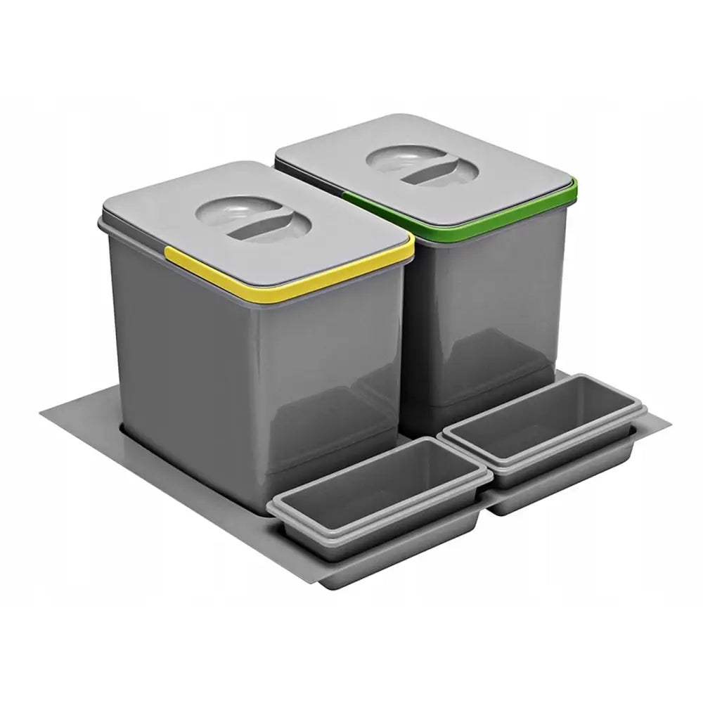 Avfallsorteringsbeholder for skuff, to grå bokser med fargemarkerte lokk og fire små beholdere foran på brett.