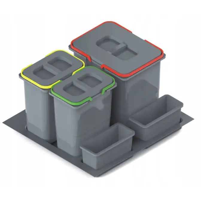 Avfallsorteringsbøtte med rødt, gult og grønt lokk, to små beholdere foran, sett skrått ovenfra.