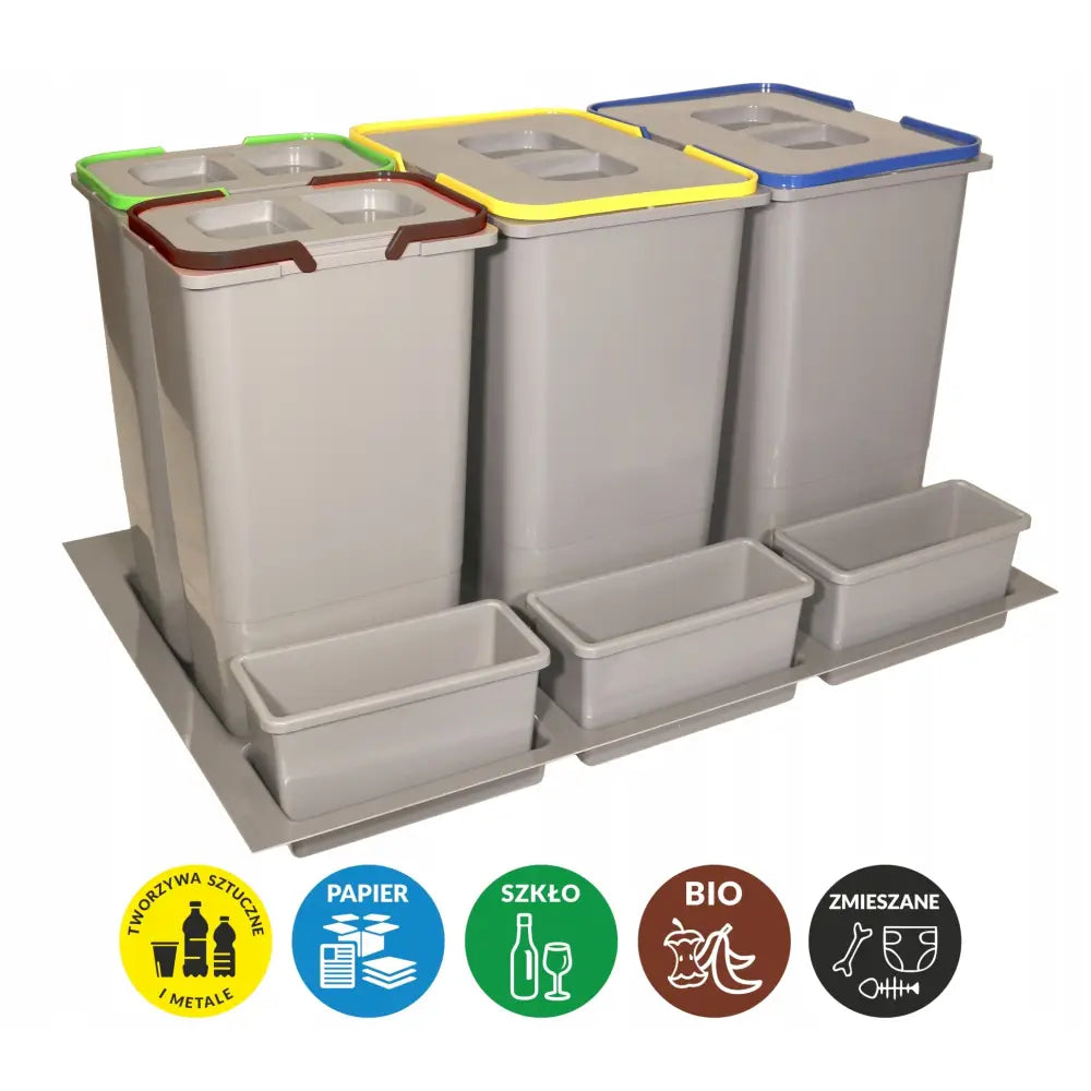 Avfallsorteringssett H-400 80 med tre grå beholdere, fargede lokk og små esker foran på brett.