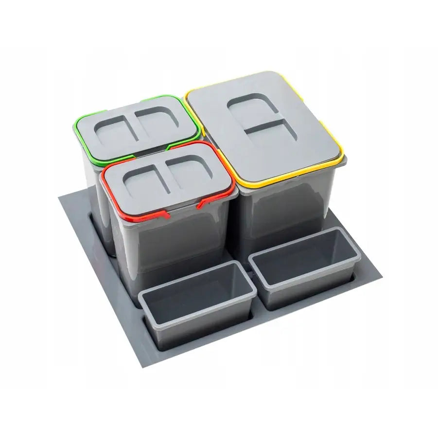 Avfallsbeholder sett med fire grå bokser, fargede lokkkanter og ulike størrelser, avbildet ovenfra.