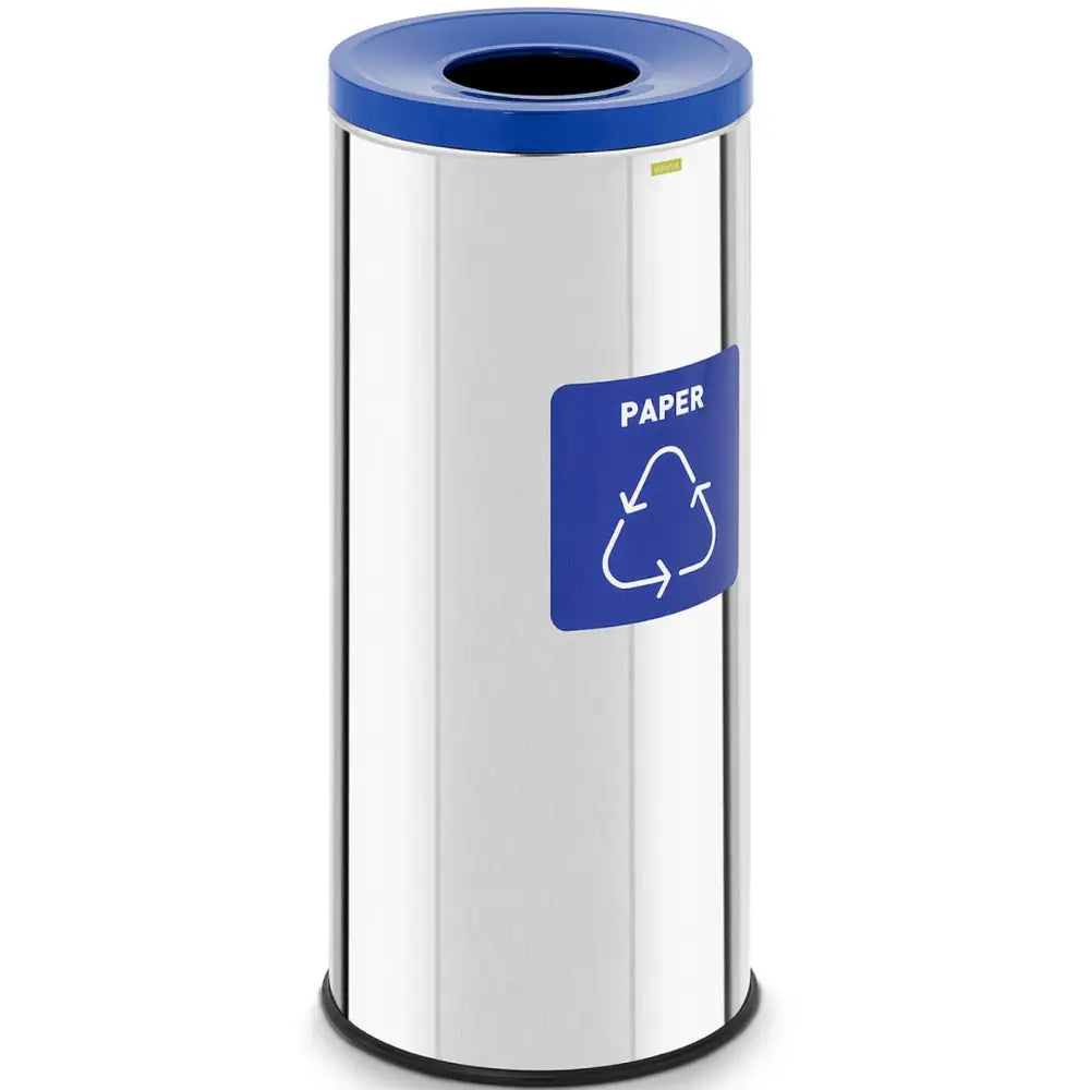 Avfallssorteringsbeholder i sølv for papir, skrå forfra med blått lokk og tydelig resirkuleringsmerke.