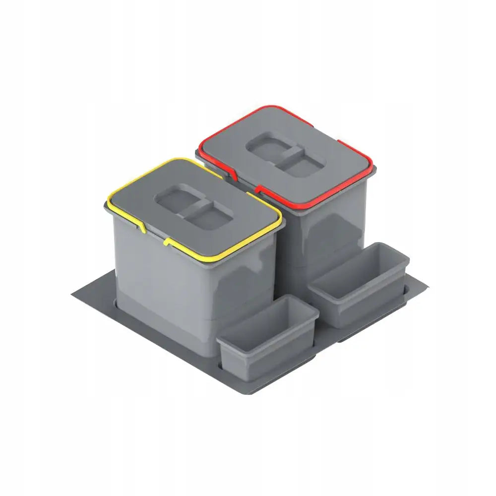 Avfallssorteringskurv Praktiko, to grå bokser med fargede lokk, sett skrått ovenfra på brett med tilbehør.