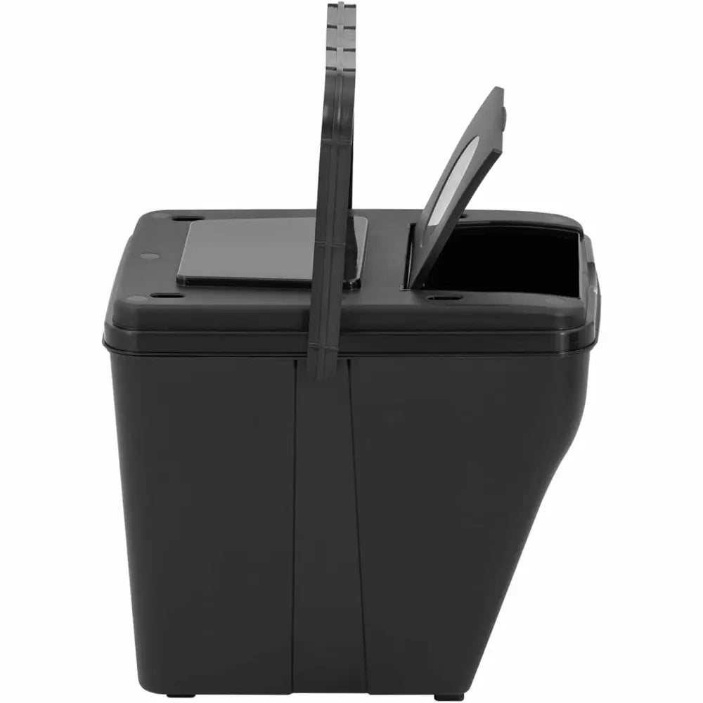 Avfallssorteringssett med 5 kurver, sidevisning av sort plastbeholder med åpent lokk og oppreist bærehåndtak.