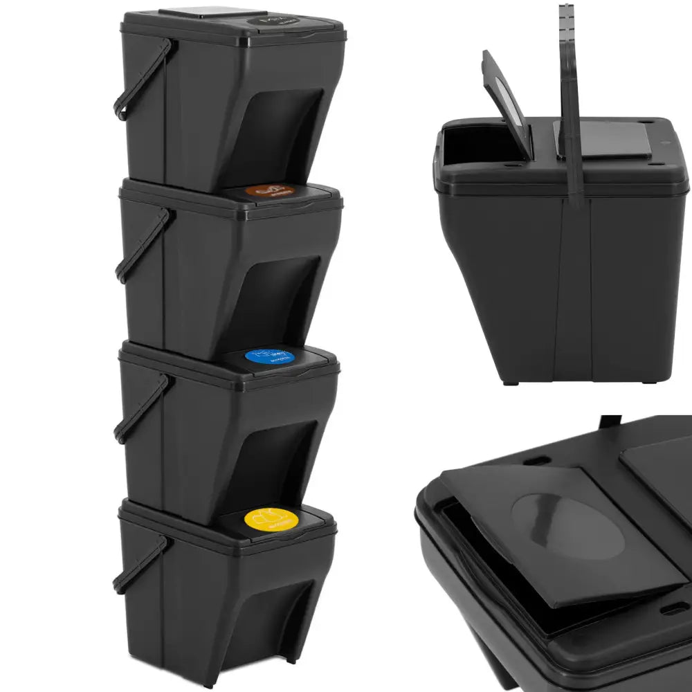 Avfallssorteringssystem med fire sorte kurver, ulike farget etiketter og åpne lokk vist fra flere vinkler.