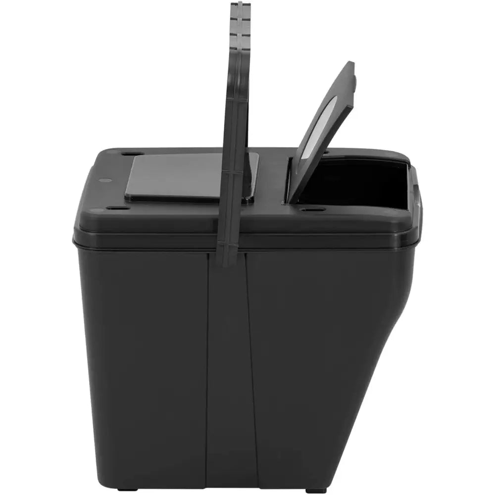 Avfallssorteringssystem med fire 25 liters kurver, sidevisning med delvis åpnet lokk og forskjellige åpninger øverst.