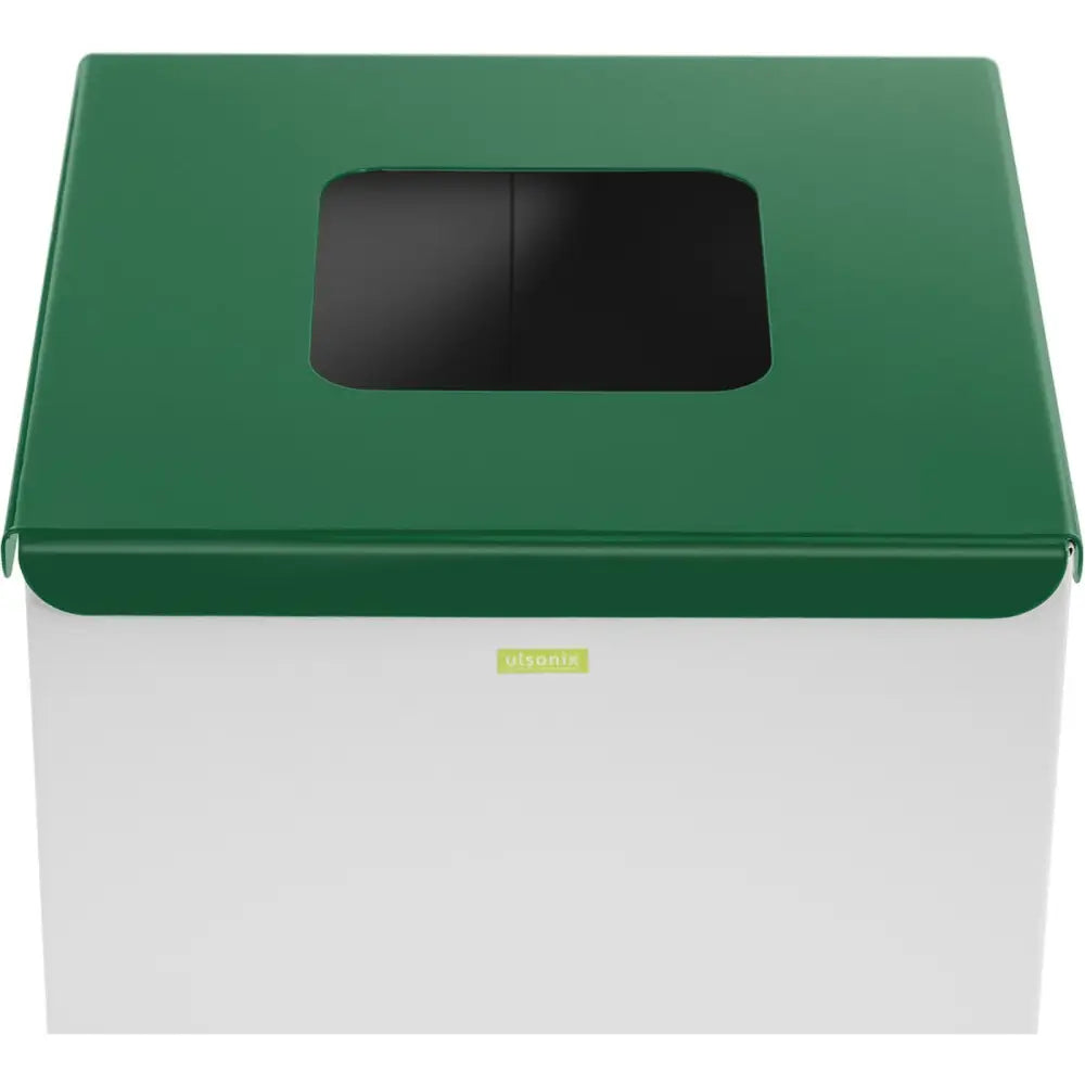 Avfallssorteringssystem 60L for glass, med grønt lokk og rektangulær åpning sett skrått ovenfra.