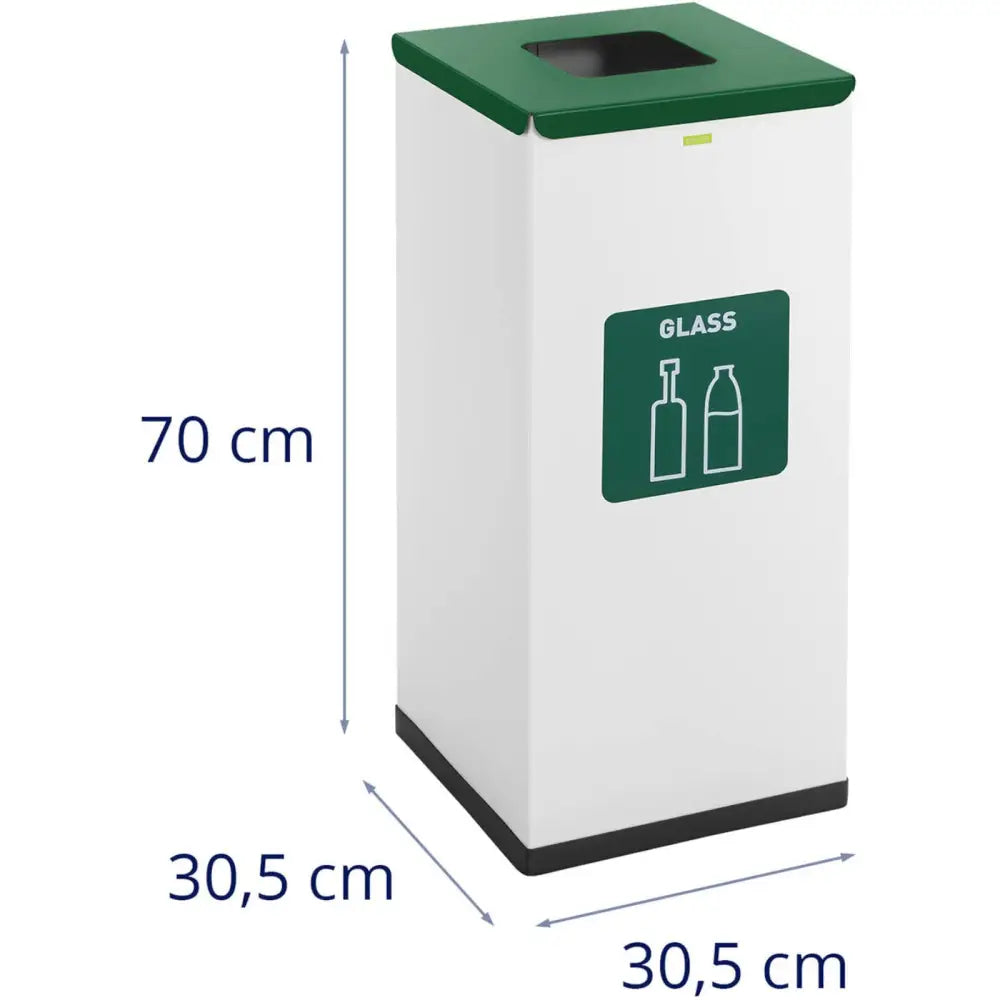 Avfallssorteringssystem 60L for glass, skrå forfra, hvitt og grønt design, mål 70 x 30,5 x 30,5 cm vises.
