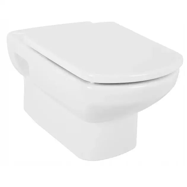 Avtagbart Duroplast toalettsete for Roca Dama Senso, montert på hvitt vegghengt toalett med lukkede lokk.