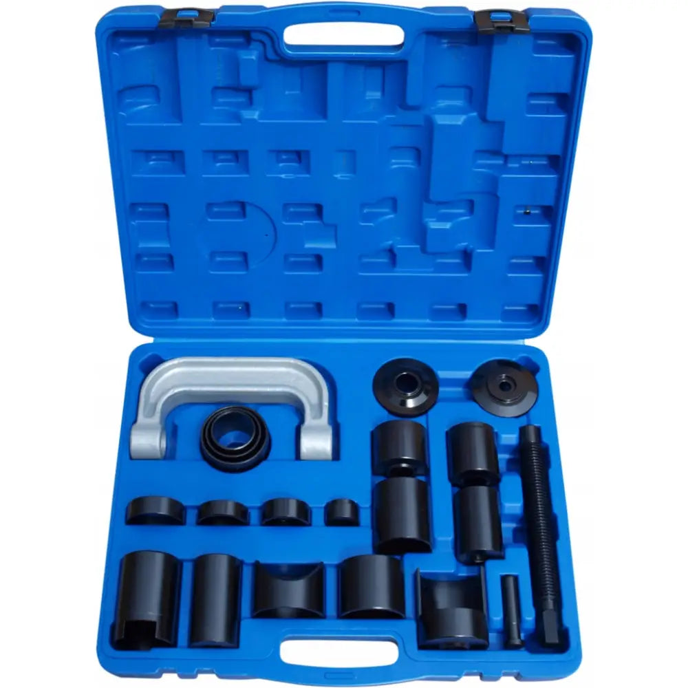 Avtrekker for bolter og hylser, komplett sett i blått etui med sort og sølv verktøy i skuminnlegg.