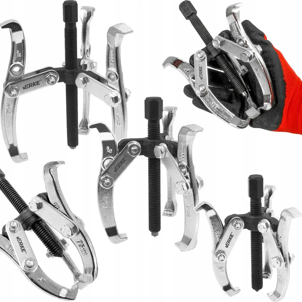 Avtrekker for lagernav trearmet i sølvfarget metall, holdt av hånd med rød hanske, sett fra flere vinkler.