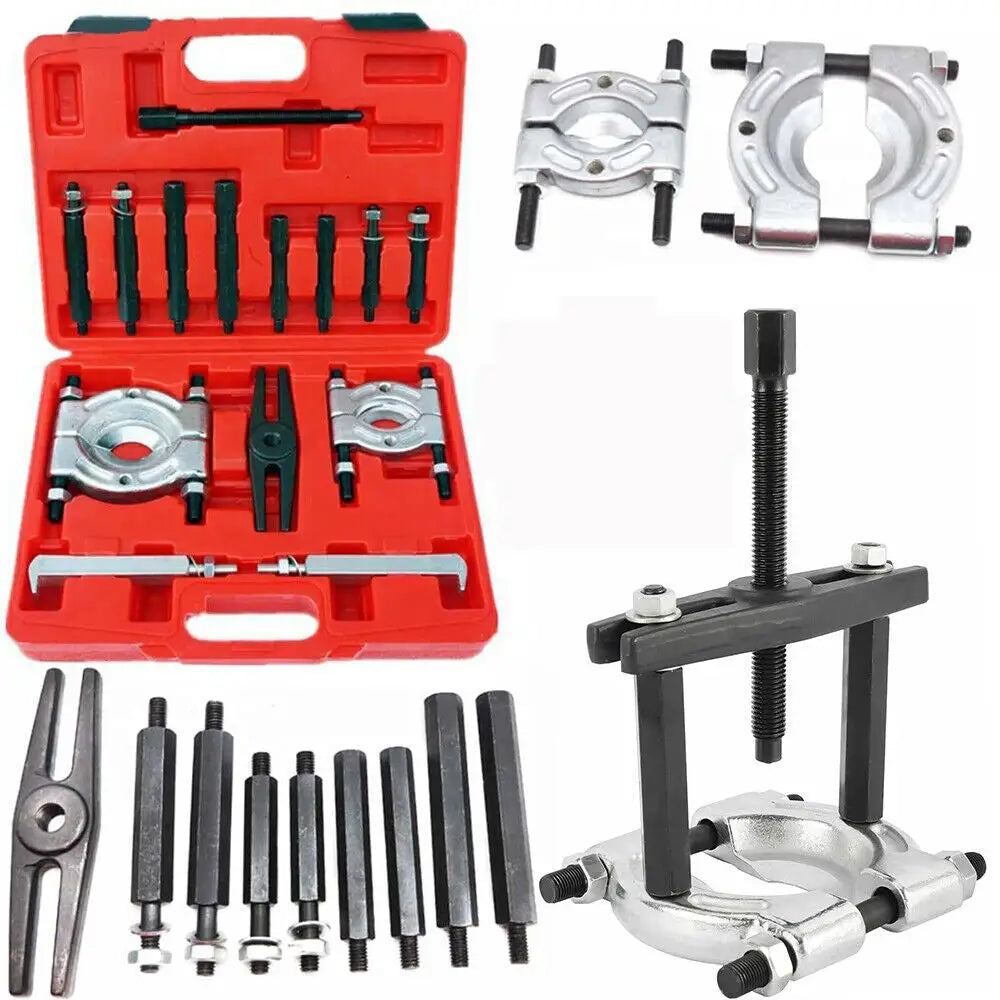 Avtrekkere for boks pressesett, ulike metallverktøy og deler organisert i åpen rød plastkoffert.