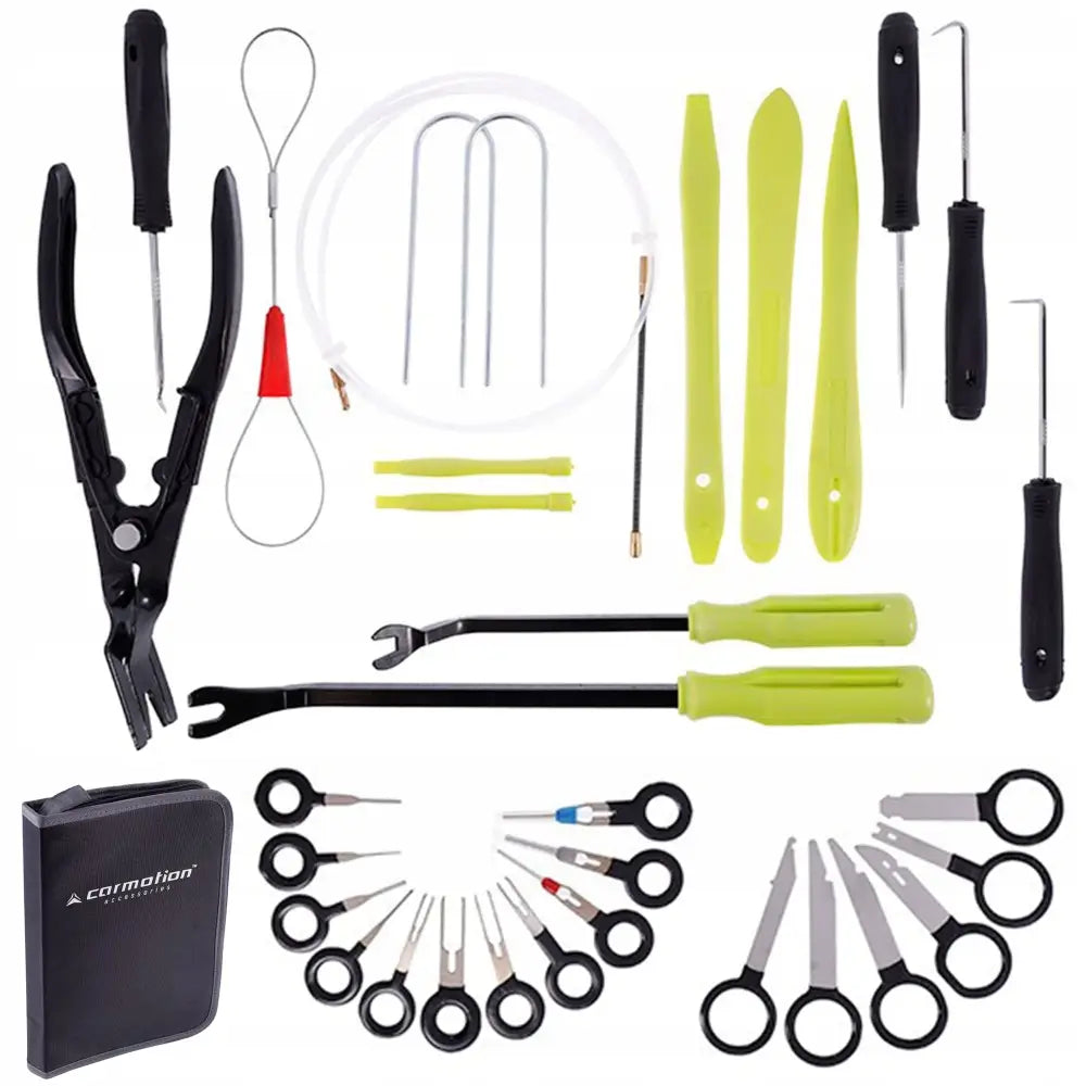Avtrekkere for demontering av bilinteriør, komplett sett med grønne og svarte verktøy og sort oppbevaringsmappe.
