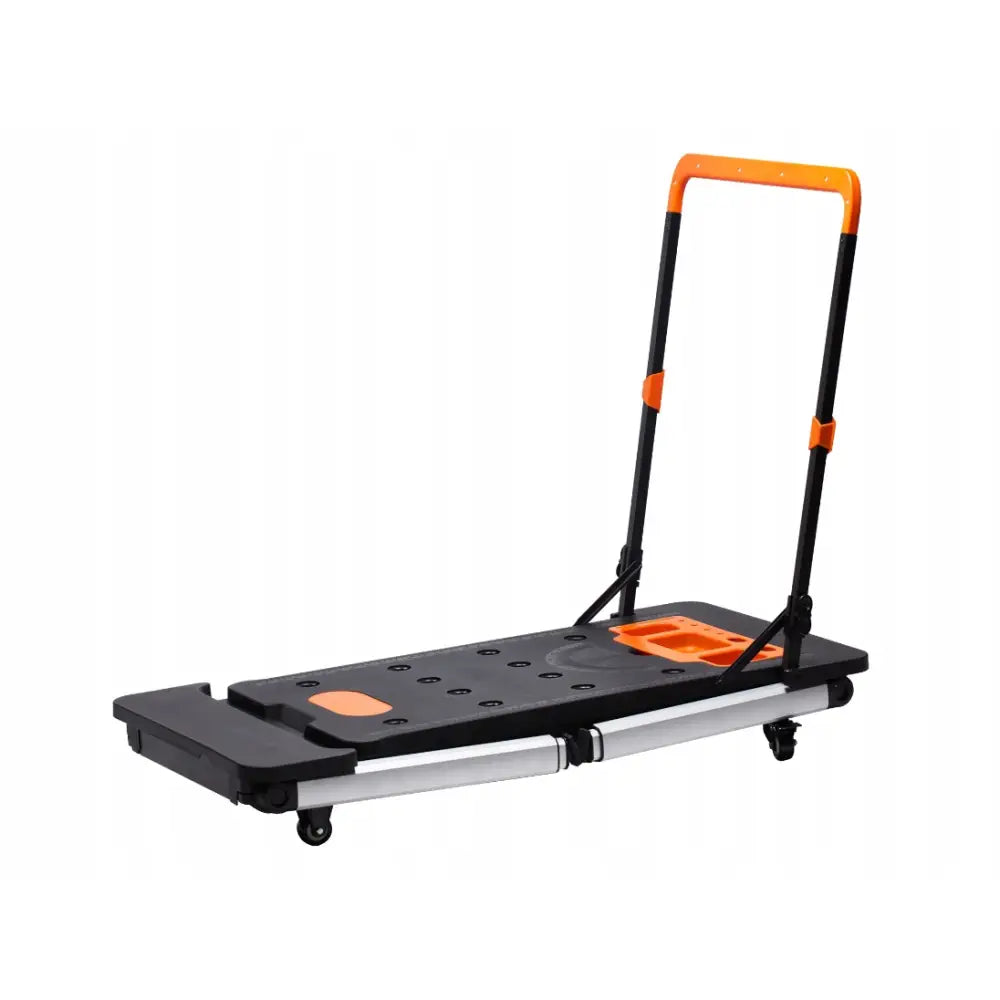 Awtools sammenleggbar arbeidsbenk 7-i-1, skråvisning som fremhever oransje detaljer og fire hjul.