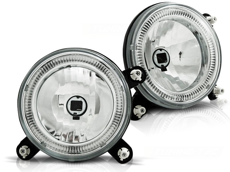 Frontlykter Angel Eyes Chrome til VW Golf 1/2 sett rett forfra på hvit bakgrunn.
