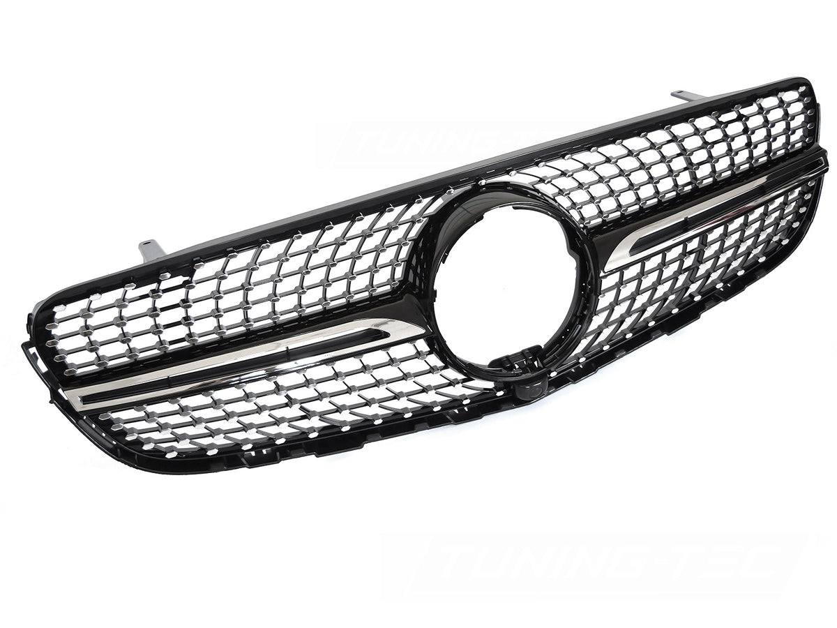 Grill Diamond Blank Sort Krom til Mercedes GLC W253 SUV+Coupe 15-18 sett rett forfra på hvit bakgrunn.