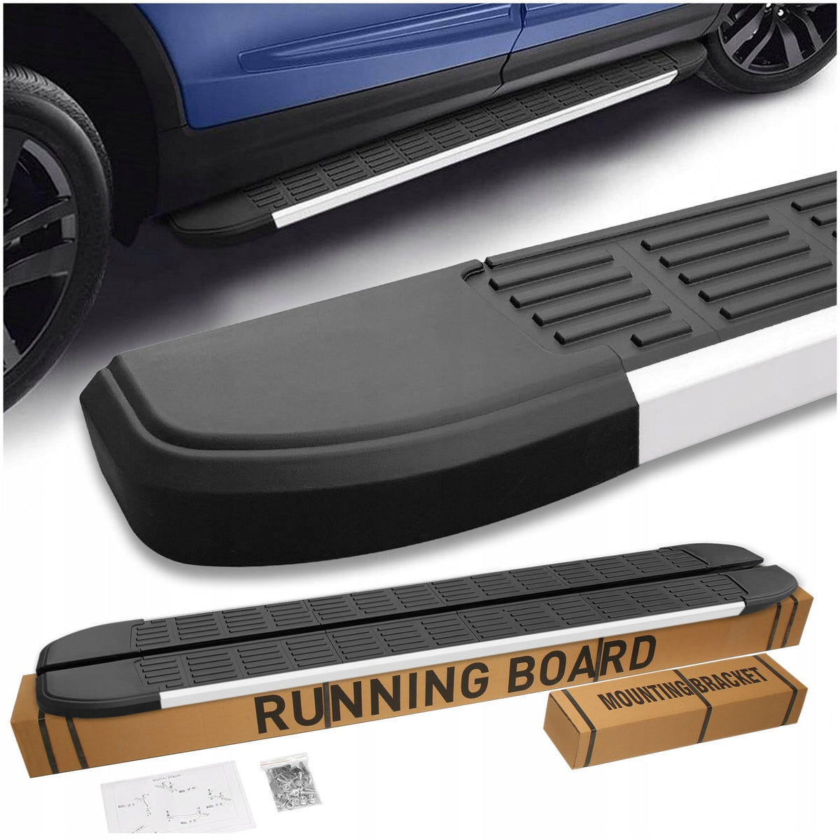Stigtrinn 5K Parts i sølvfarget aluminium til Jeep Commander 2005-2010 med monteringsbraketter og skruer.