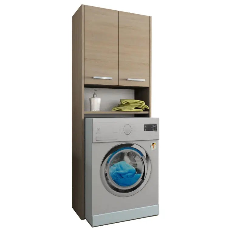 Baderomsskap LUNA 64 cm i lyst tre, to overskap, åpne hyller med grønne håndklær over vaskemaskin.