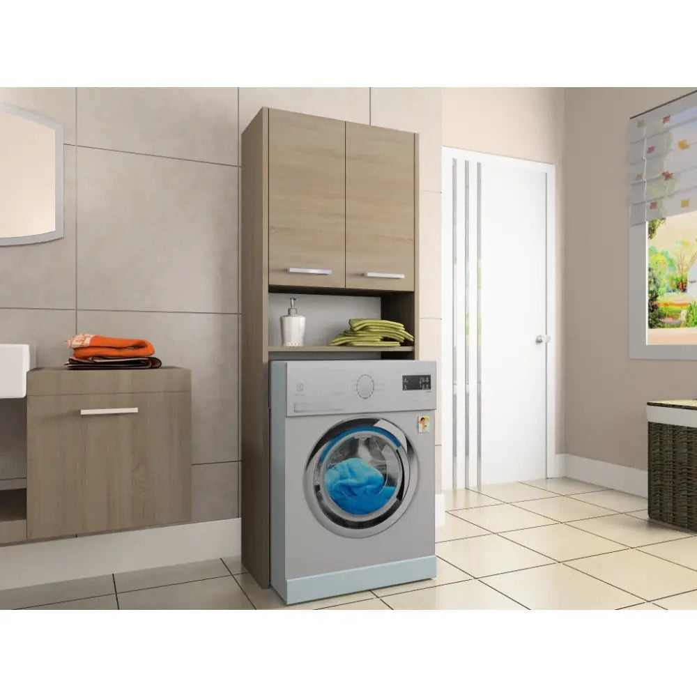 Baderomsskap over vaskemaskin LUNA, frontvisning med åpne hyller og vaskemaskin integrert i lyst tremøbel.