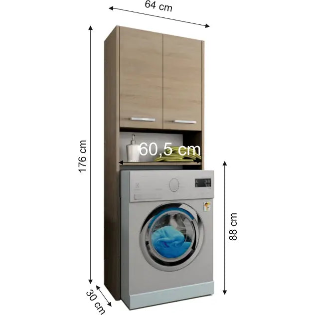 Baderomsskap LUNA 64 cm, lyst treskap med doble dører og åpne hyller over vaskemaskin, mål oppgitt.