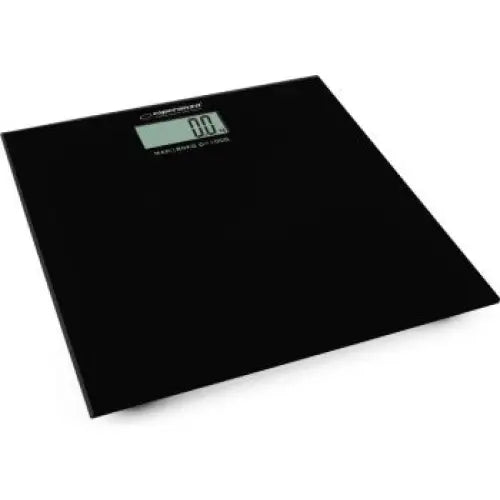 Baderomsvekt Esperanza Aerobic i svart glass, skråside med tydelig LCD-display som viser vekt.