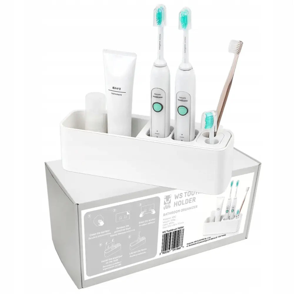 Badromsorganisator for tannbørster, plastboks med flere tannbørster, tannkrem og tilbehør på emballasje.