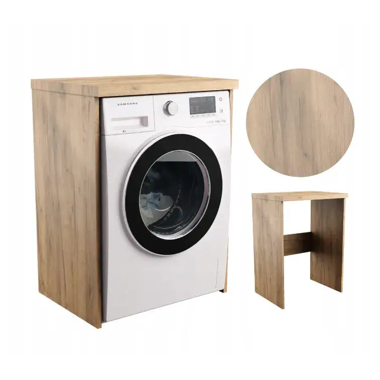 Badstu for vaskemaskin i lyst treverk, skråvisning med detaljbilde av overtrekk og tekstur uten vaskemaskin.