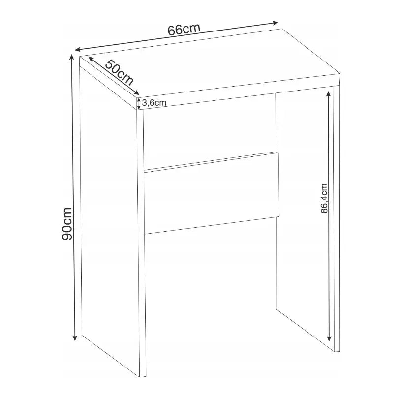 Badstu for Vaskemaskin Baderomsskap Hyller Craft, strektegning viser bordets mål og plate-tykkelse fra skrå vinkel.