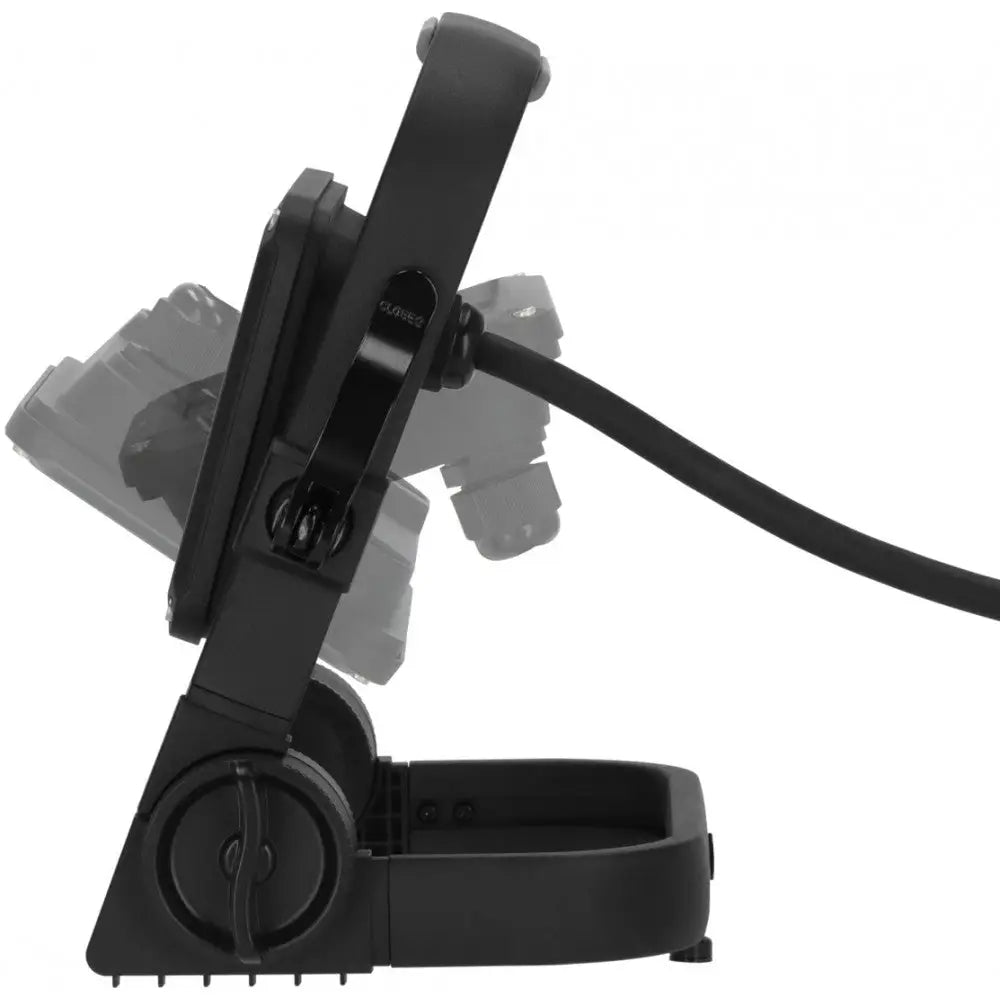 Bærbar LED-lampe med svart, justerbar holder sett fra siden og tydelig hengsel for vipping.