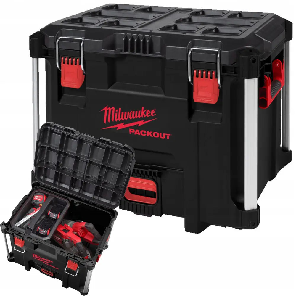 Bærbar verktøykasse XL Milwaukee, stor sort koffert med røde detaljer og åpen mindre verktøykoffert foran.