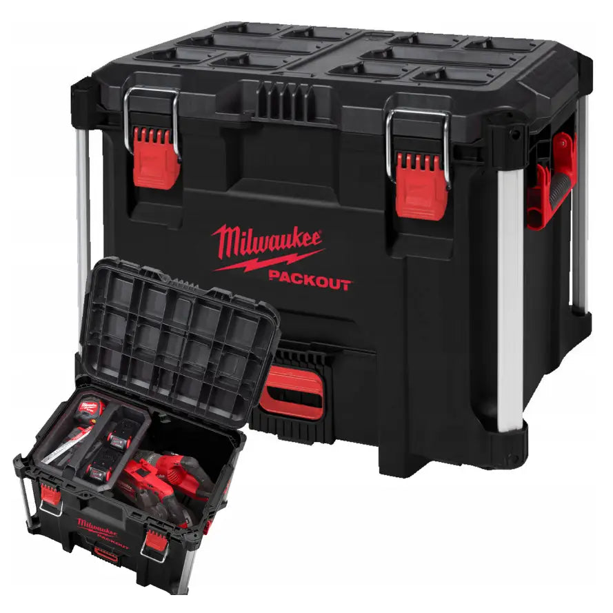Bærbar verktøykasse XL Milwaukee, åpen frontvisning med synlige verktøy og organiserte rom i sort plast.