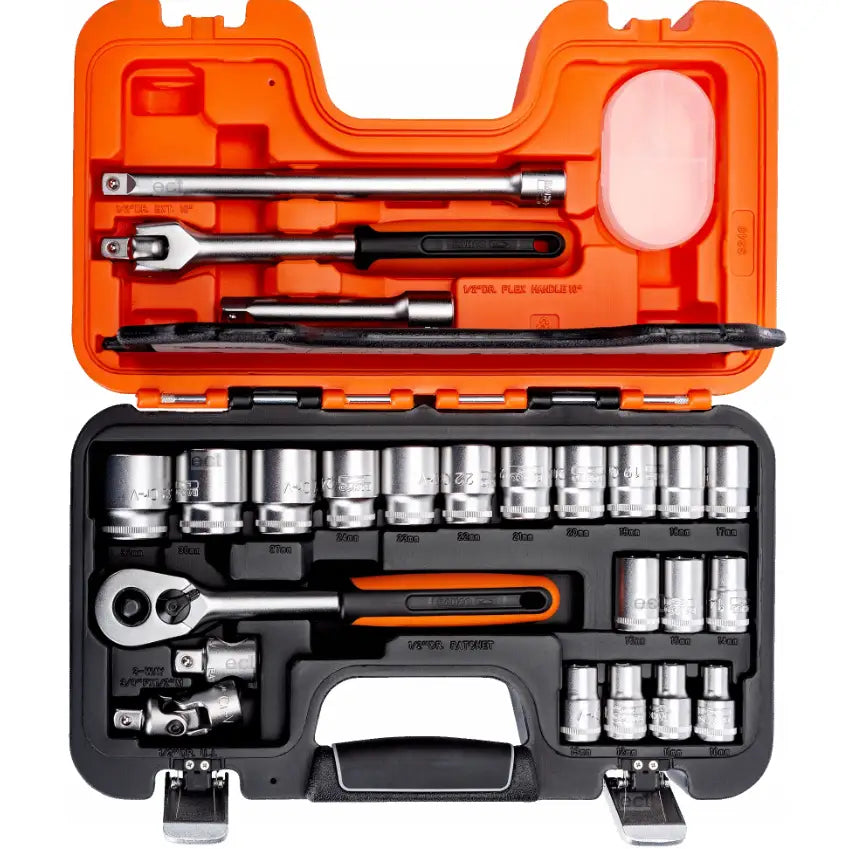 Bahco S240 pipenøkkelsett i åpen oransje koffert, verktøy ryddig organisert og lett synlige ovenfra.