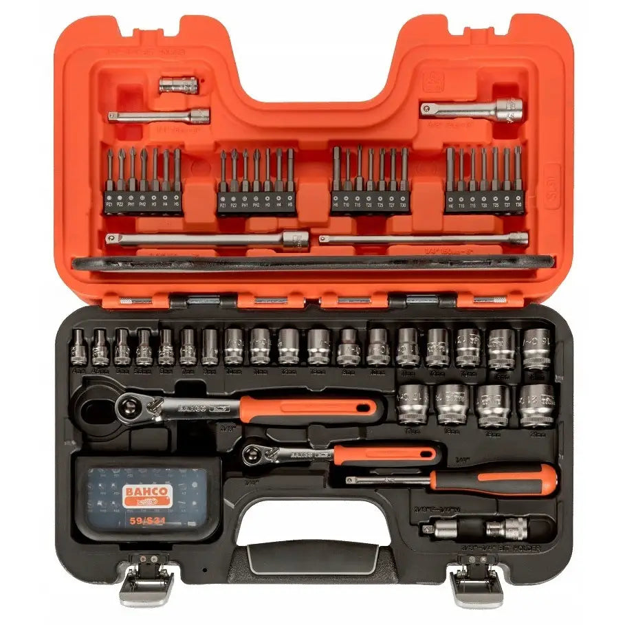 Bahco sett med nøkler og piper, 91 deler, sortert i åpen svart og oransje koffert sett ovenfra.