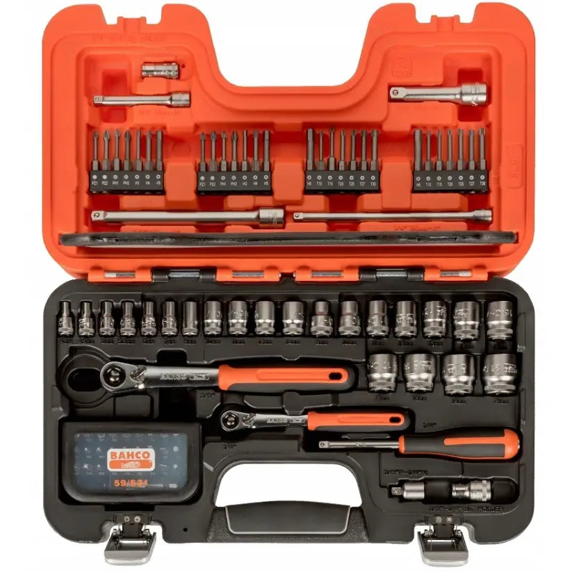 Bahco sett med nøkler og piper, 91 deler, oversiktsbilde av sortert innhold i åpen oransje og svart koffert.