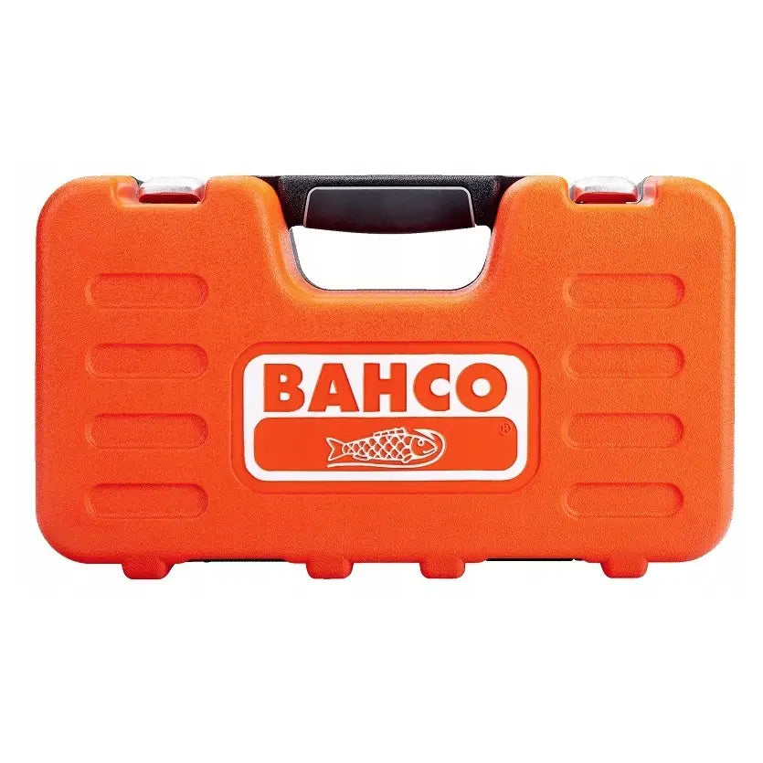 Bahco sett med nøkler og piper i oransje koffert, frontvisning med synlig logo og sølvfargede låseklips.