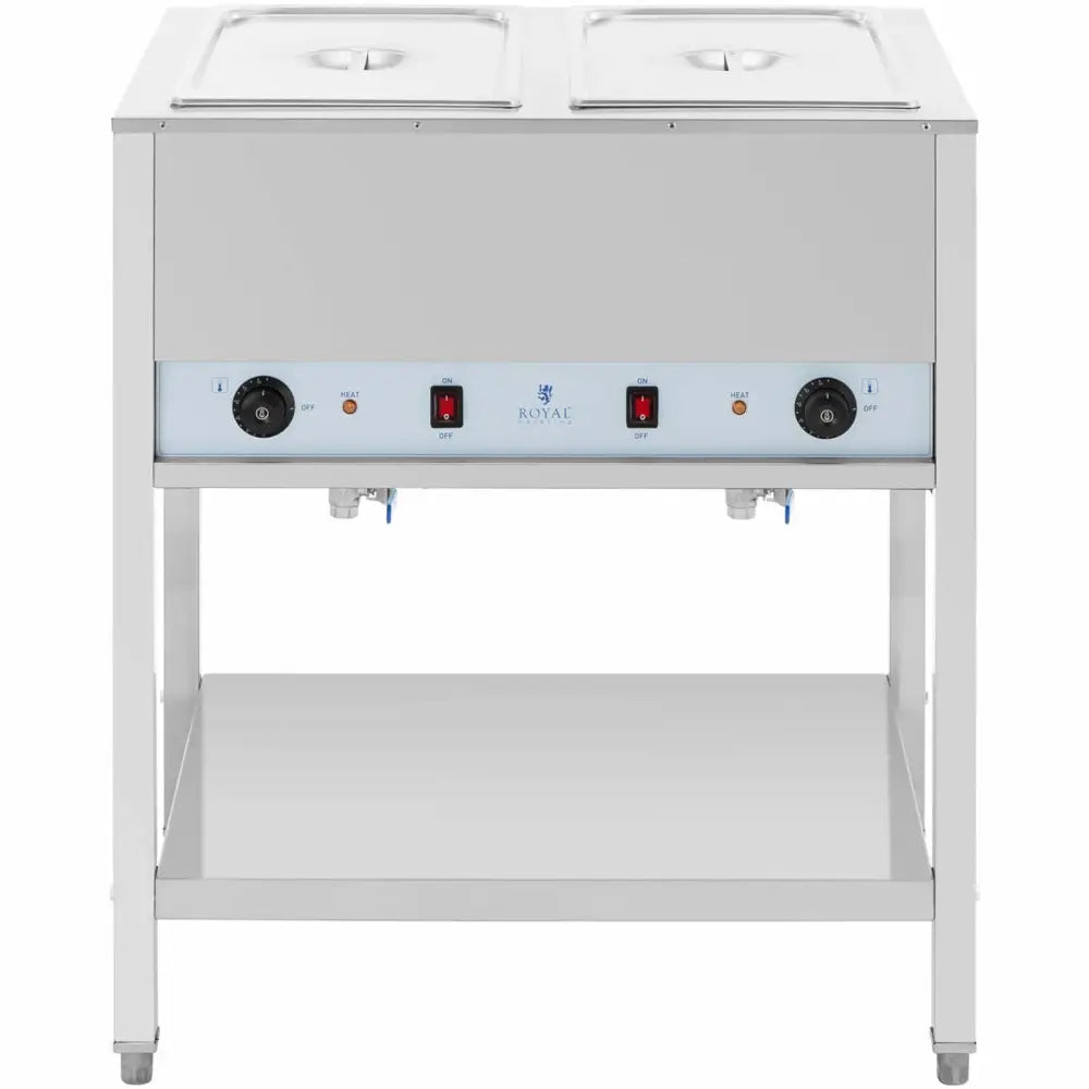 Bain Marie elektrisk matvarmebrett, frontvisning med to lokk, kontrollpanel og åpen oppbevaringshylle nederst.