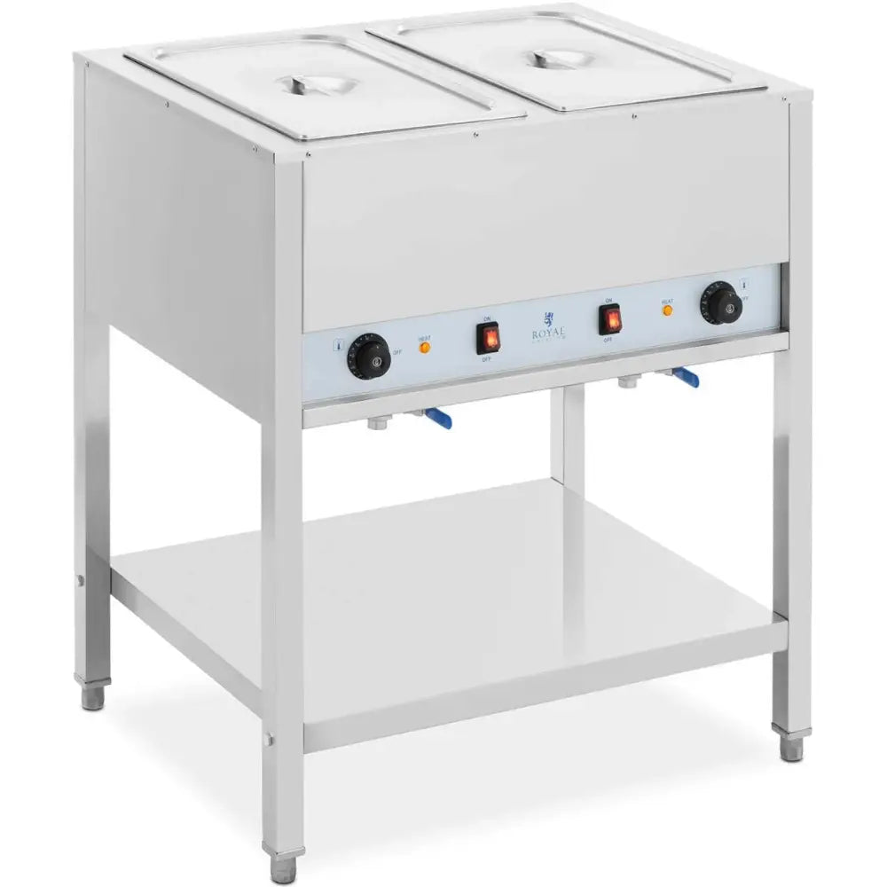 Bain Marie elektrisk matvarmebrett med to GN 1/1 beholdere, skrå forfra, synlig kontrollpanel og åpen hylle.